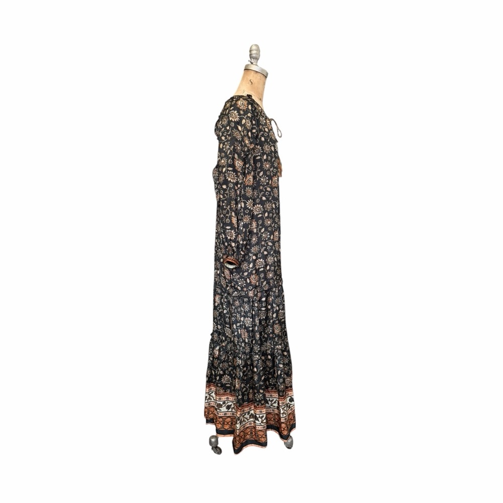 NATURAL LIFE Lula Boho Tiered Ruffled Black/Tan Floral 3/4 Sleeve Maxi Dress XS - Picture 4 of 7